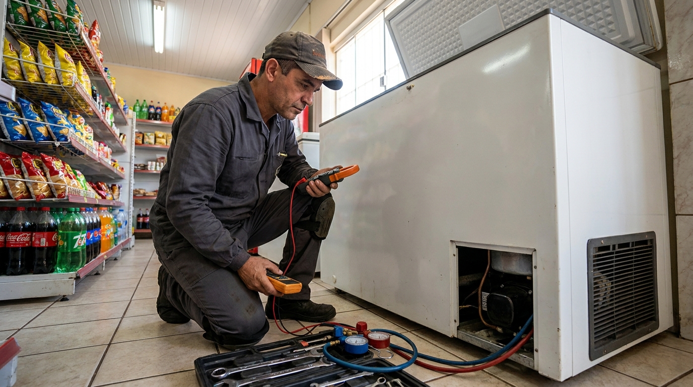 Reparo da placa eletrônica de um freezer em atendimento em Bauru‑SP