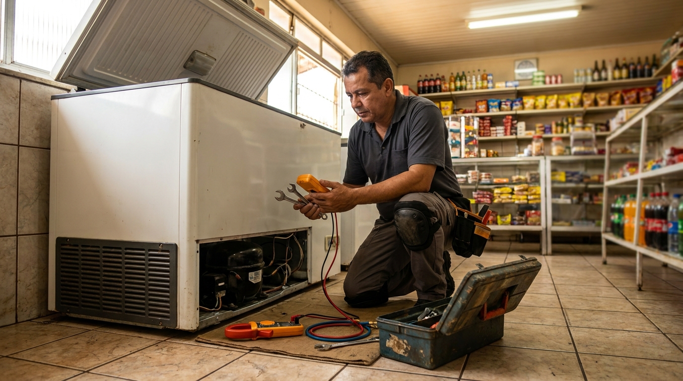 Técnico reparando o motor de um freezer horizontal em Bauru‑SP