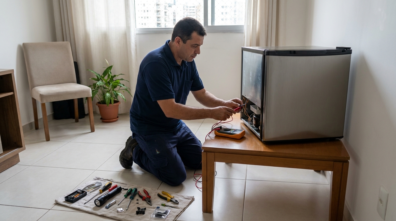 Técnico avaliando um frigobar compacto durante atendimento em Bauru‑SP