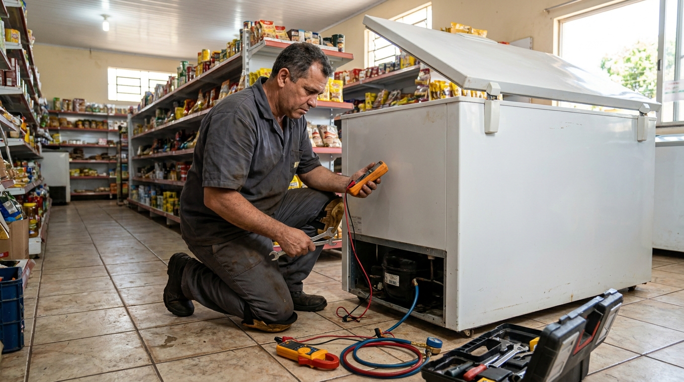 Troca de termostato de freezer em atendimento em Bauru‑SP